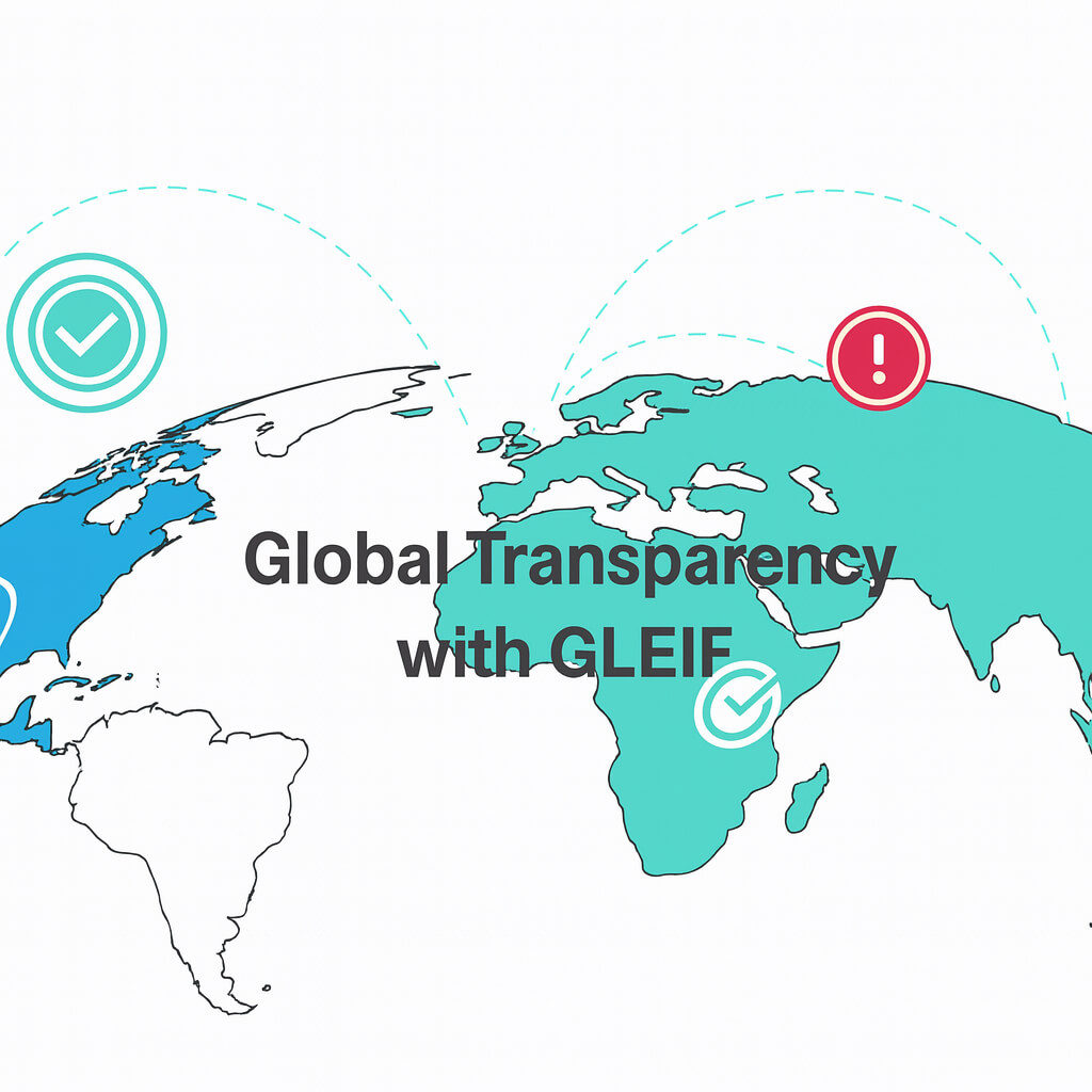 World map illustration showing global connections and the text ‘Global Transparency with GLEIF’, symbolizing financial transparency and reliable entity identification