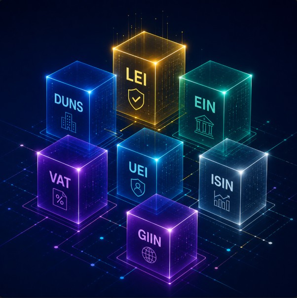 Comparison of business identifiers: LEI, ISIN, DUNS, EIN and VAT number explained